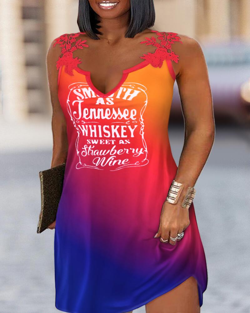 

Plus Size Slogan Print Ombre Lace Patch Casual Dress, Multicolor