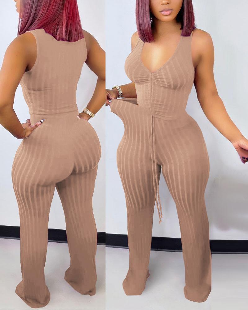 

Ribbed Drawstring Crop Tank Top & Pants Set, Nude