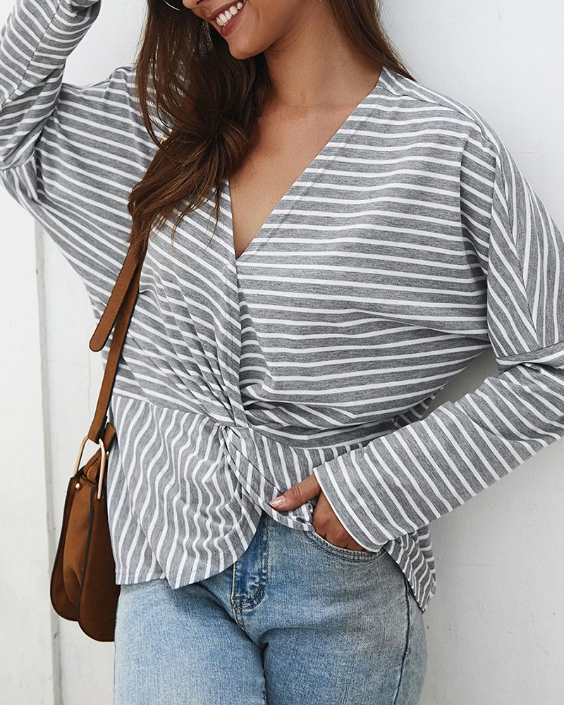 

Long Sleeve V-neck Twist Front Striped Top, Gray