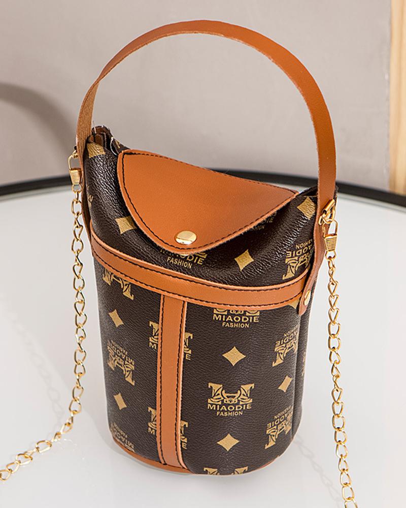 

Graphic Argyle Print Top Handle Buckled Handbag Chain Strap Crossbody Bag, Brown