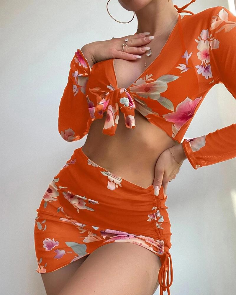 

4PCS Halter Bikini Set With Floral Print Cover Up, Orange