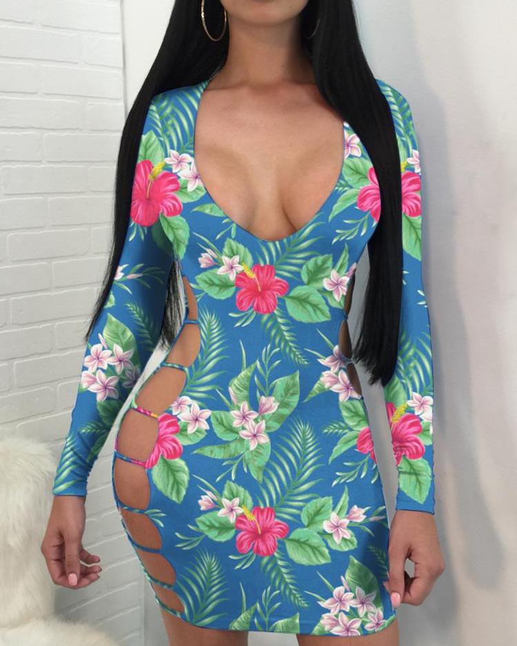 

Floral Print Ladder Cut Out Bodycon Dress, Blue