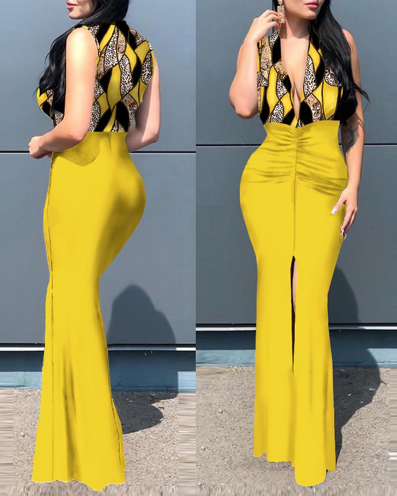 

Plunge Baroque Leopard Print Slit Party Dress, Yellow