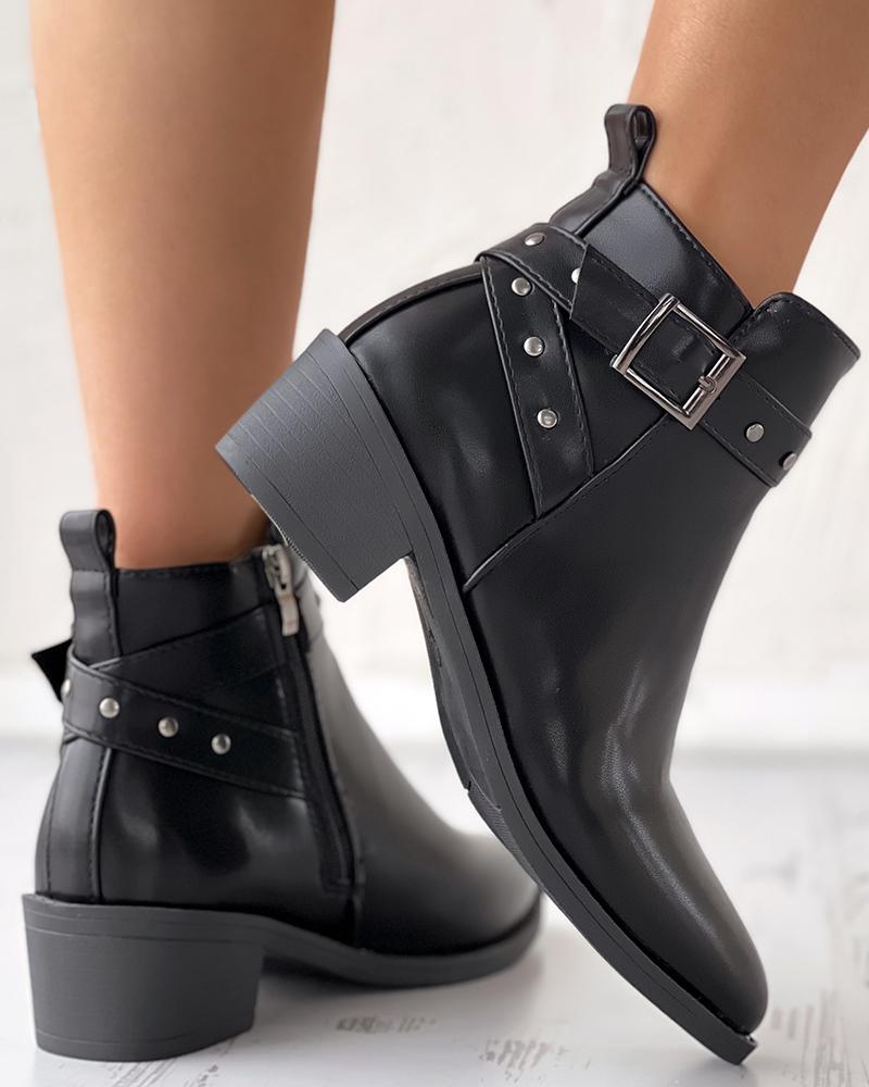 

Studded Chunky Heel Buckled Ankle Boots, Black