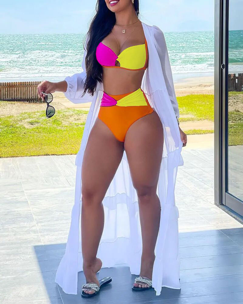 

Colorblock Twist Cutout High Waist Bikini Set, Yellow