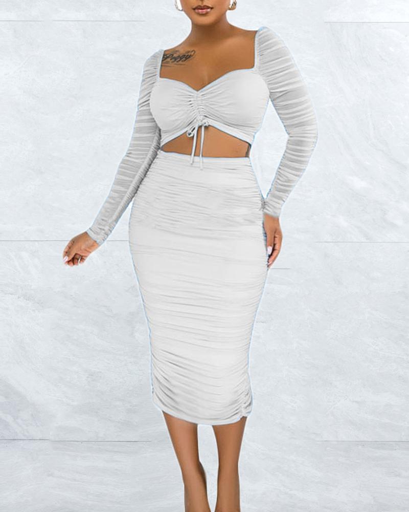 

Contrast Mesh Drawstring Ruched Crop Top & Skirt Set, White