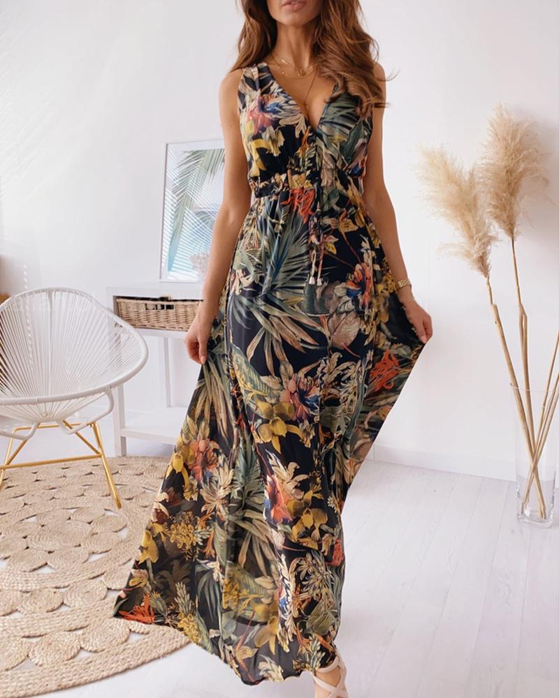 

Tropical Print Tied Detail Cutout Back Maxi Dress, Black