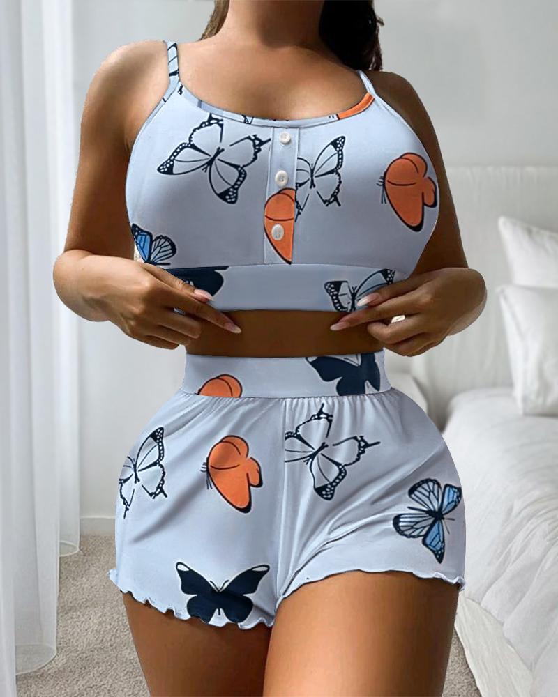 

Plus Size Butterfly Print Buttoned Cami Set, Blue