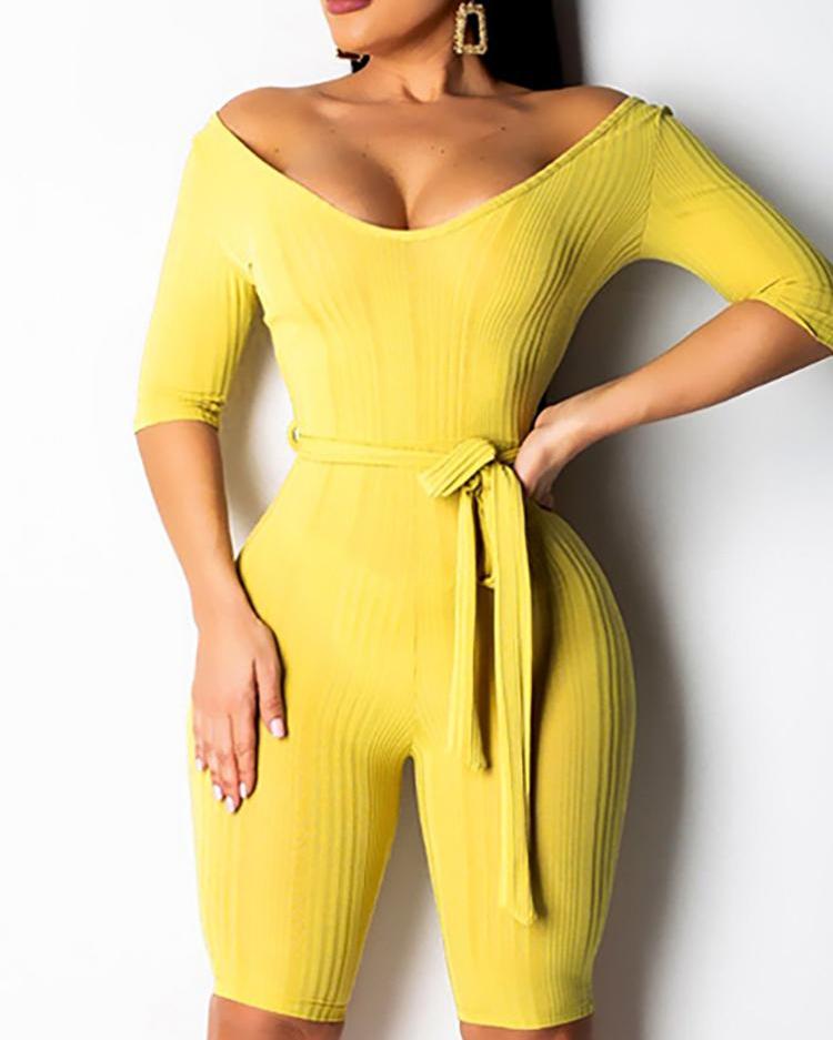 

Off Shoulder Half Sleeve Belted Romper, Yellow