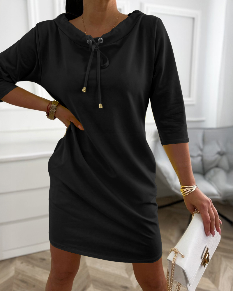 

Stand Collar Drawstring Three Quarters Sleeve Casual Sweatshirt Dress, Black