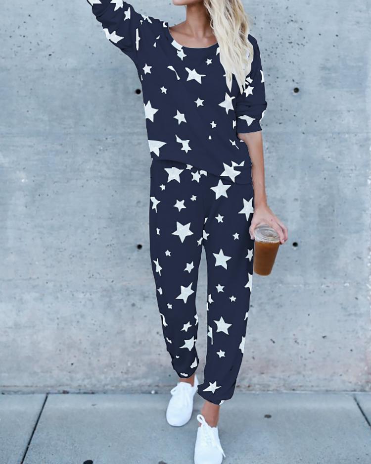 

Fashion Star Print Casual Pantsuit, Dark blue