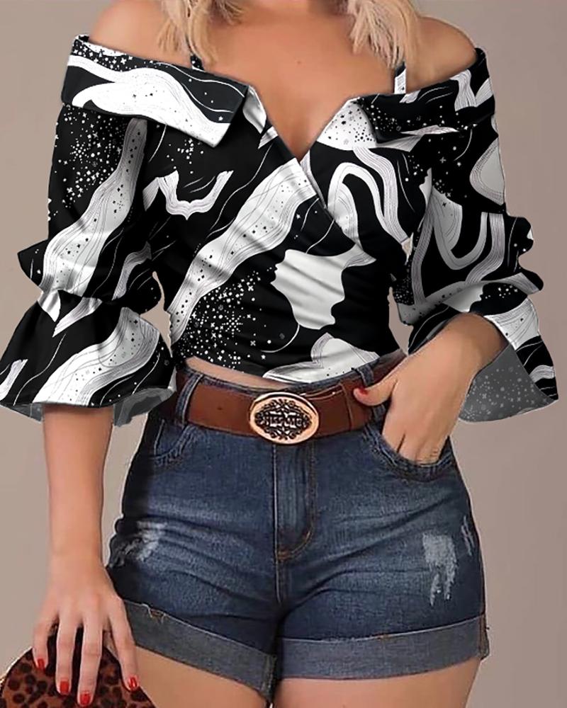 

Graphic Print Cold Shoulder Bell Sleeve Top, Black