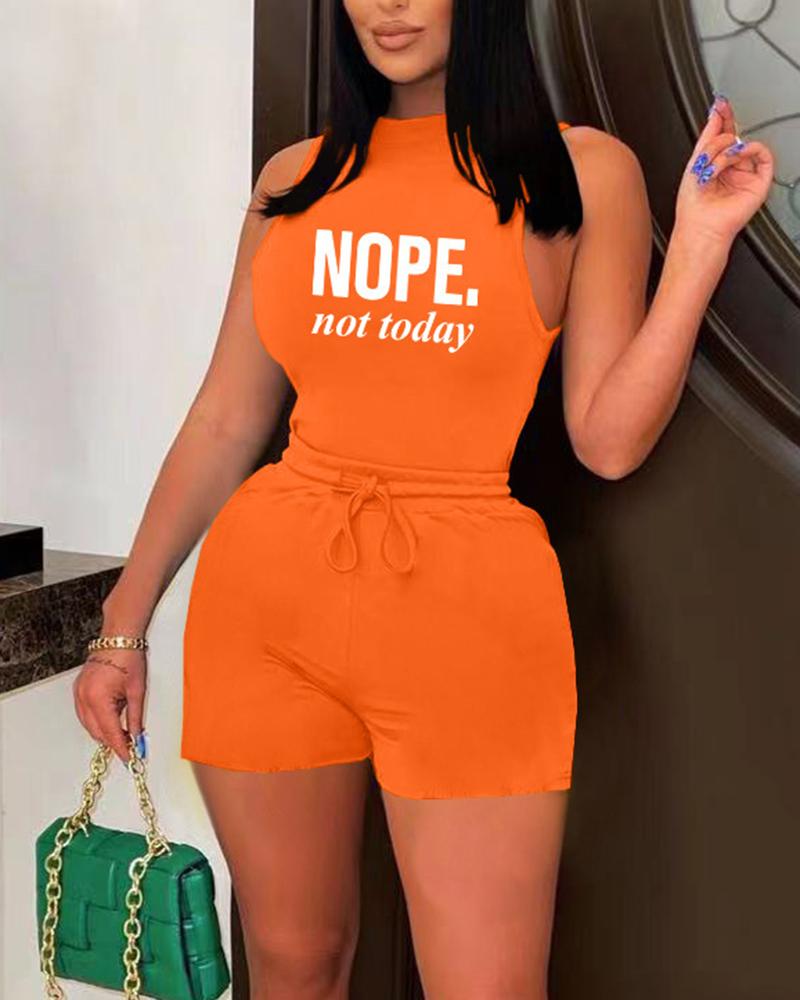 

Nope Not Today Print Mock Neck Top & Drawstring Shorts Set, Orange