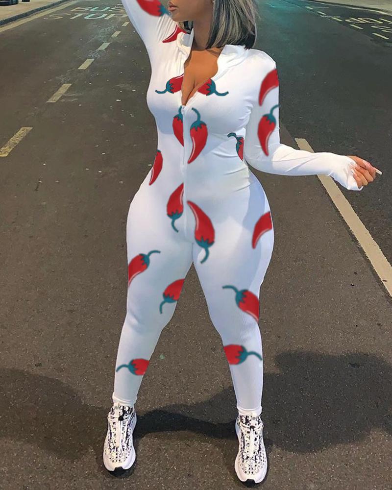 

Lip Chili Print Zipper Design Long Sleeve Jumpsuit, Style2