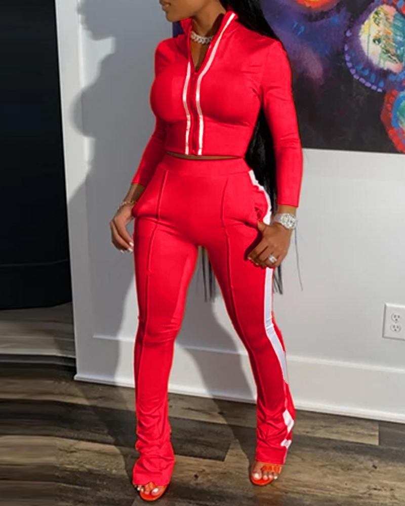 

Sporty Striped Tape Coat & Pants Set, Red