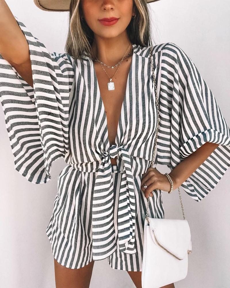 

Striped Print Batwing Sleeve Tied Detail Romper, Gray