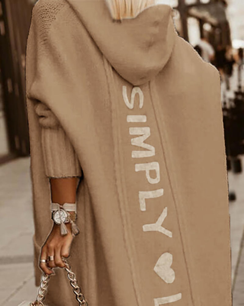 

Letter Pattern Long Sleeve Pocket Design Hooded Cardigan, Khaki