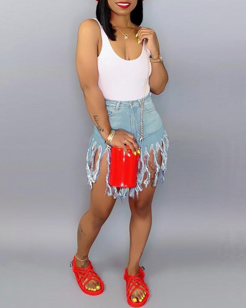 

Tassel Design Buttoned Denim Shorts, Blue