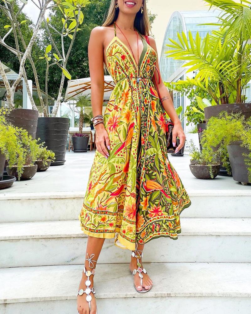 

Halter Plunge Tropical Print Dress, Yellow
