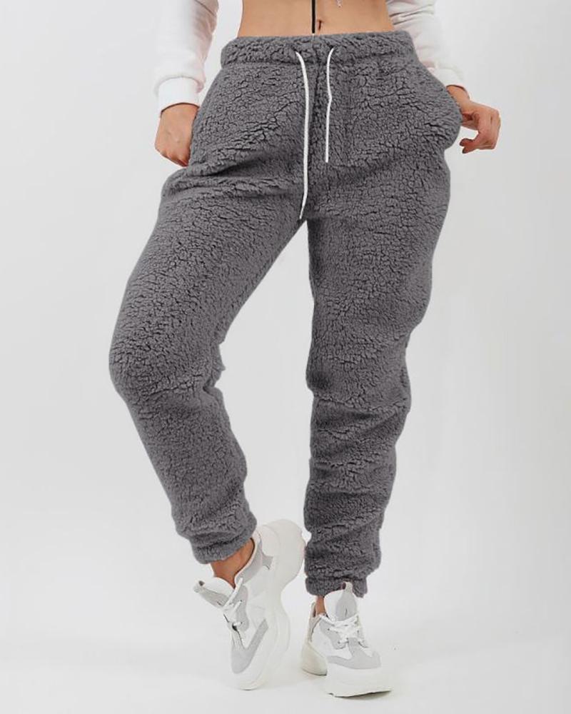 

Drawstring Pocket Decor Fluffy Casual Pants, Gray