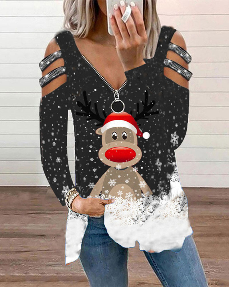 Kaufen Christmas Print Rhinestone Cold Shoulder Zip Front Top. Bild