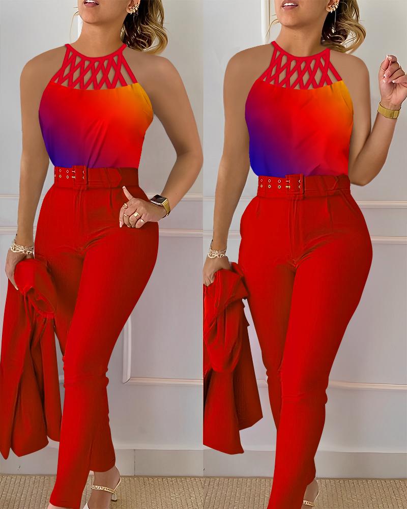 

Hollow Out Rainbow Ombre Tank Top & Pants Set, Red