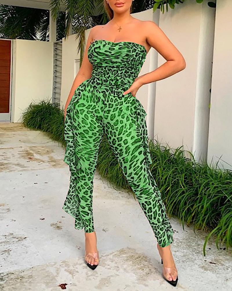 

Cheetah Print Bandeau Ruched Ruffles Trim Jumpsuit, Green