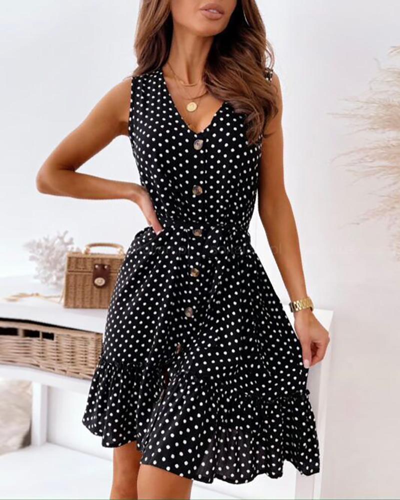 

Polka Dot Print Sleeveless Button Front Lace Up Ruched Dress, Black