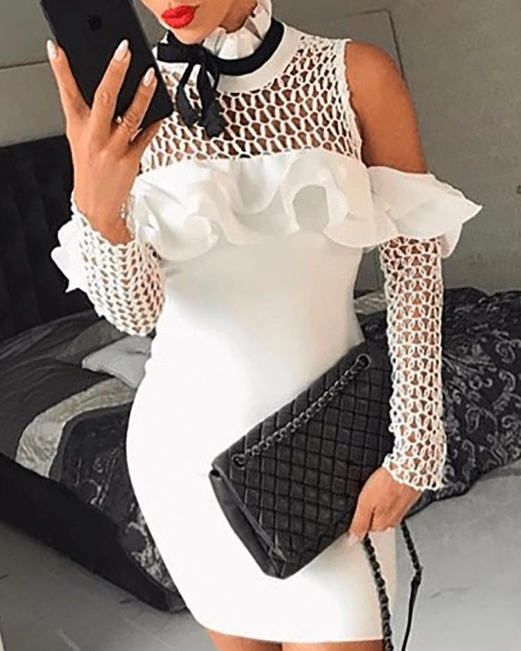 

Cold Shoulder Hollow Out Ruffles Bodycon Dress, White