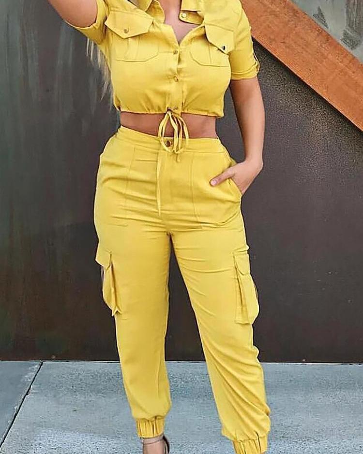 

Solid Button Pocket Design Casual Set, Yellow