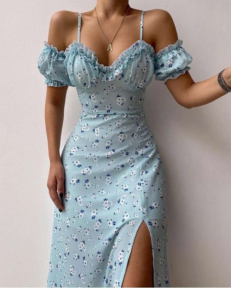 Ditsy Floral Print Cold Shoulder Frill Hem Slit Chiffon Dress