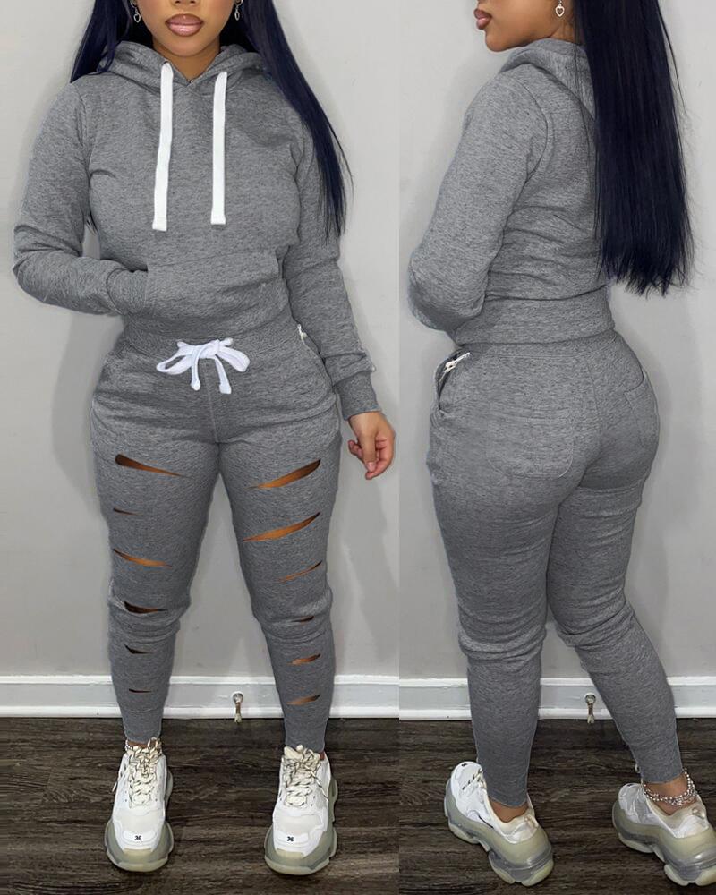 

Long Sleeve Hoodie & Ladder Cutout Pants Set, Gray