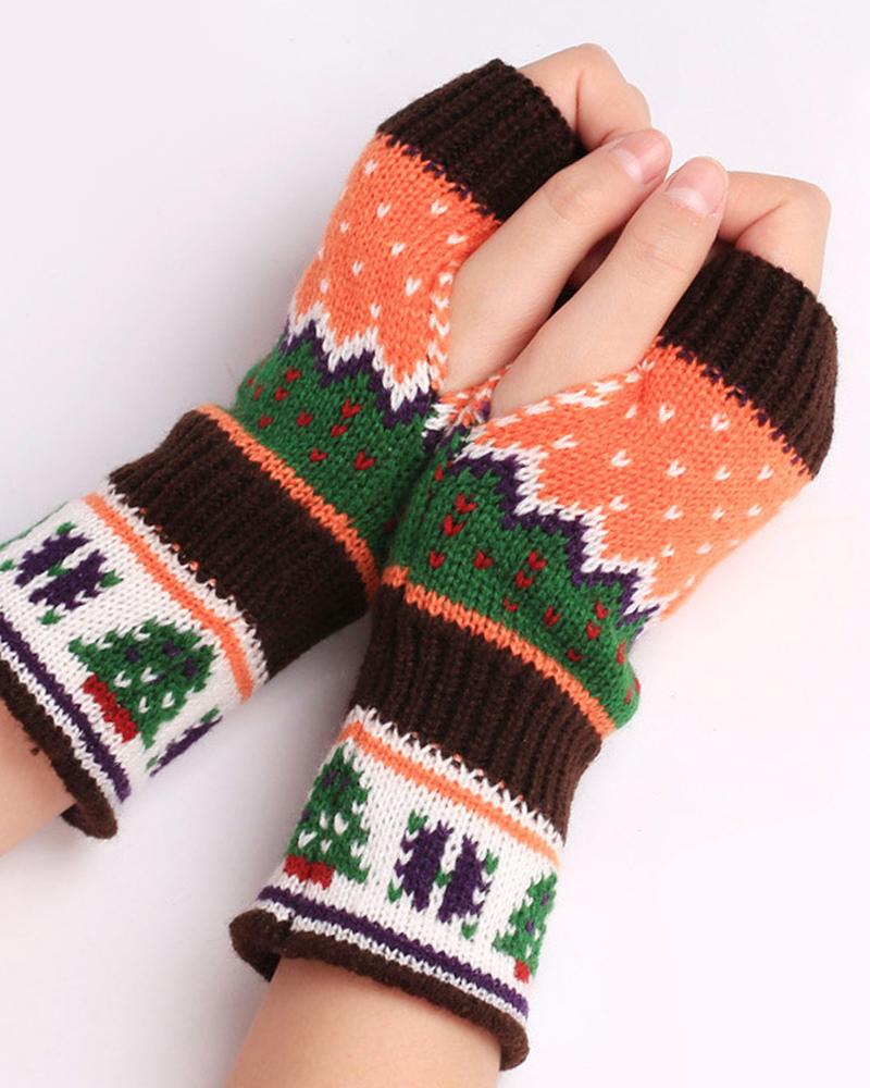 

1Pair Christmas Tree Pattern Knit Fingerless Gloves, Coffee