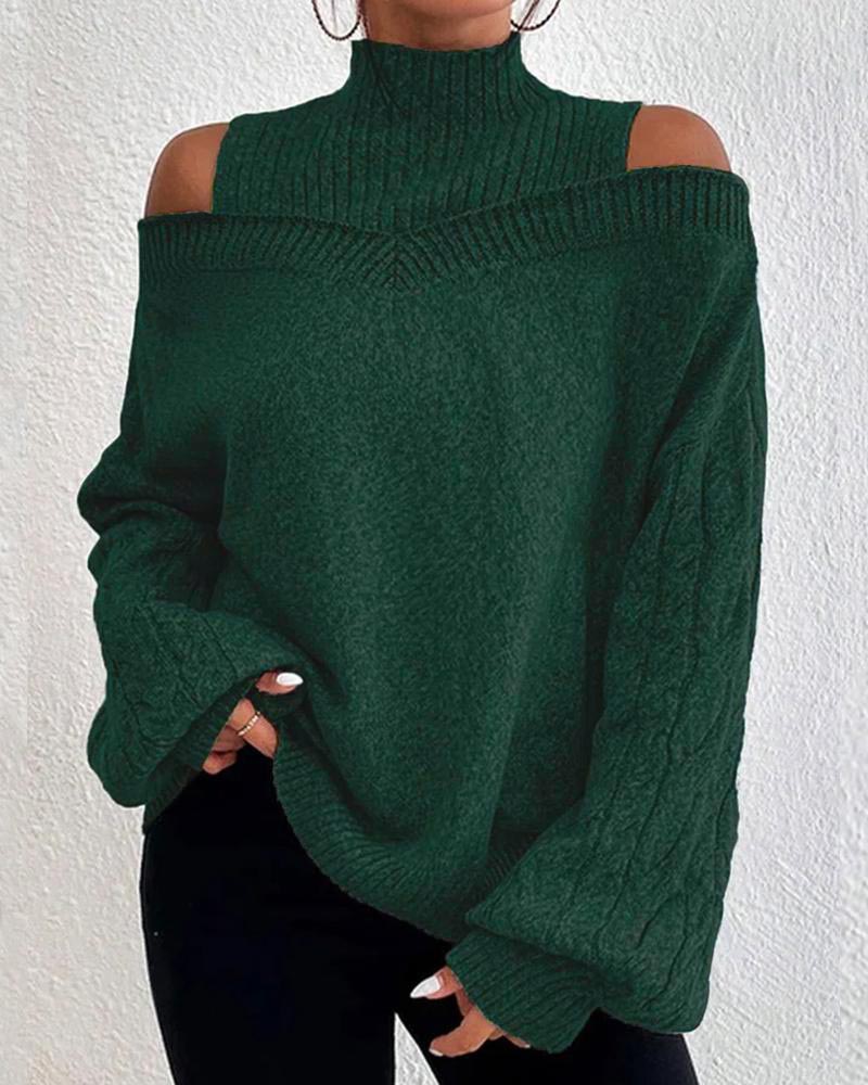 

Cable Knit Lantern Sleeve Cold Shoulder Sweater, Green