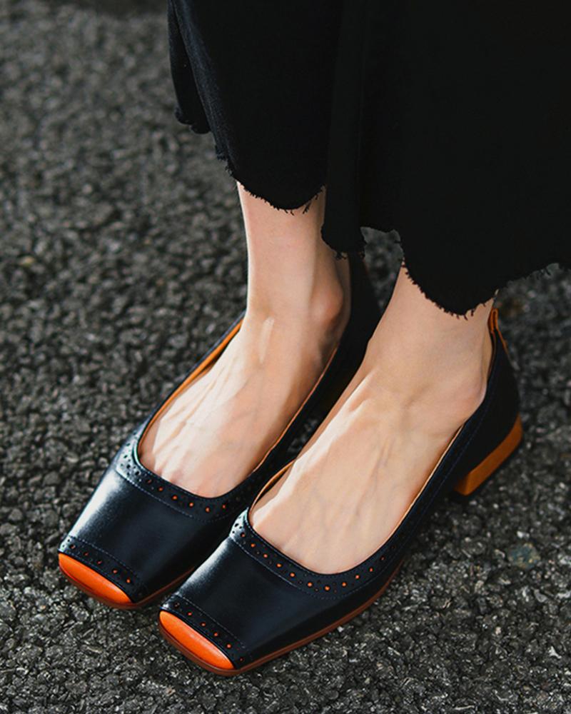 

Square Toe Hollow Out Colorblock Chunky Heels, Black