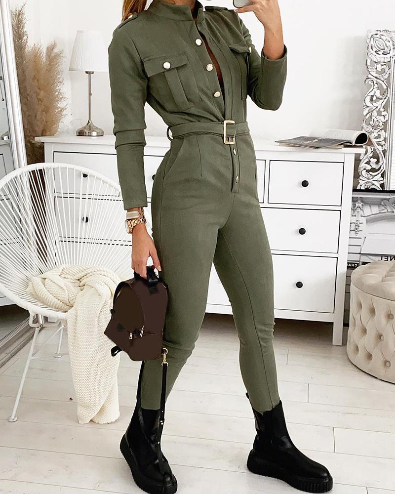 

Long Sleeve Pocket Design Belted Jumpsuit, Army green