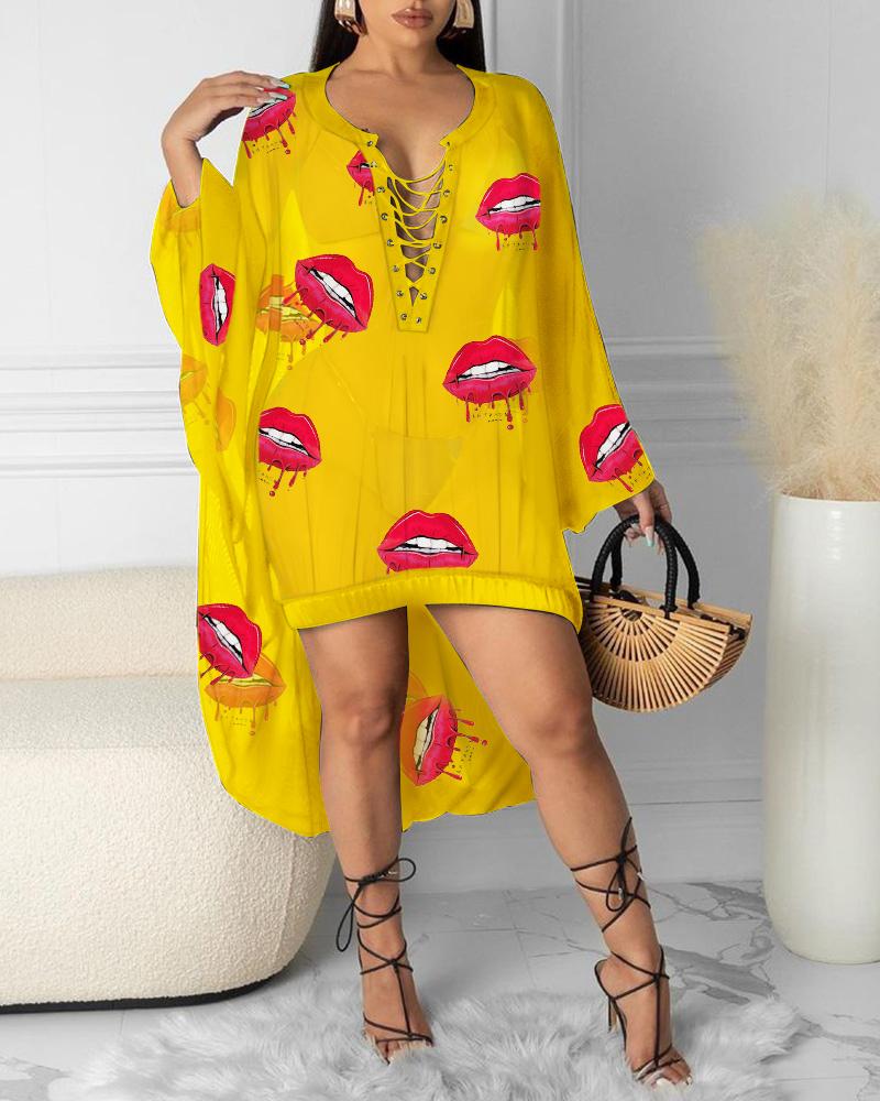 

Lip Print Lace-up Sheer Mesh Dip Hem Cover Up, Yellow