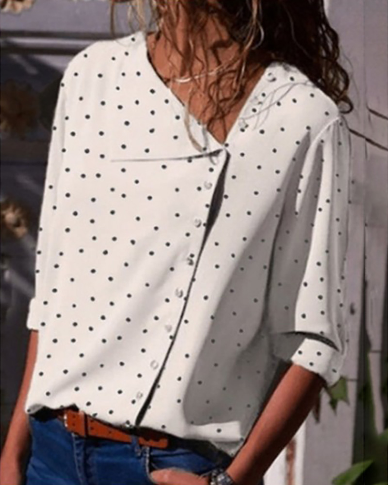 

Button Up Dot Print Casual Women Blouse, White