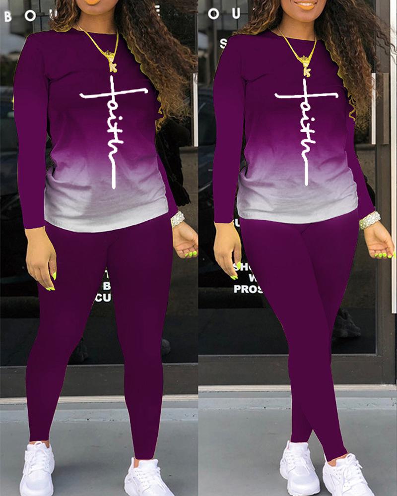 

Plus Size Letter Print Ombre Long Sleeve Top & Pants Set, Purple