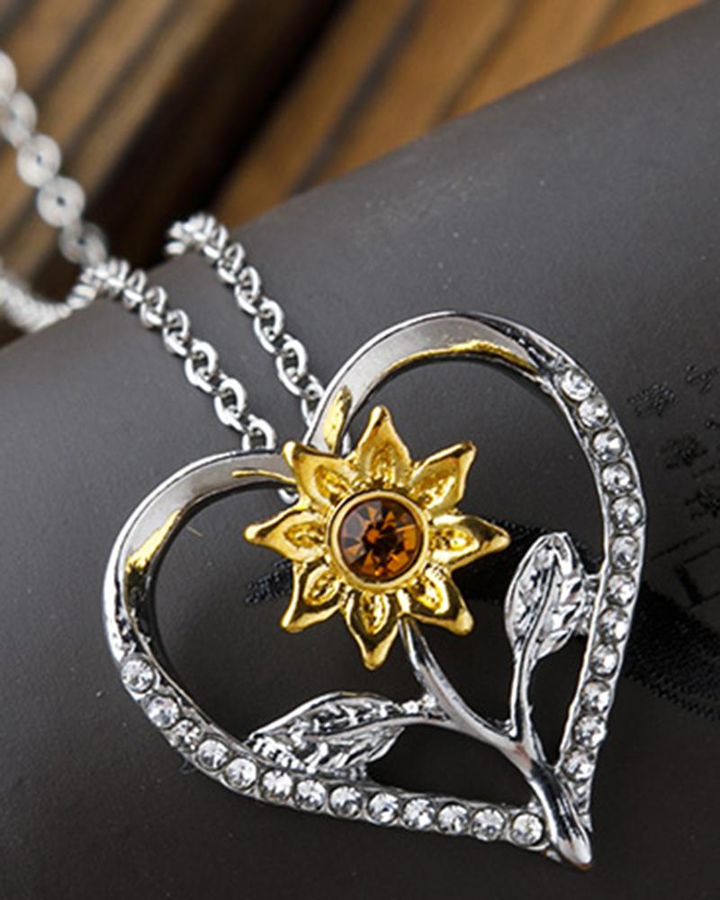 

1pc Rhinestone Sunflower Hollow Out Heart Pendant Necklace, Silver
