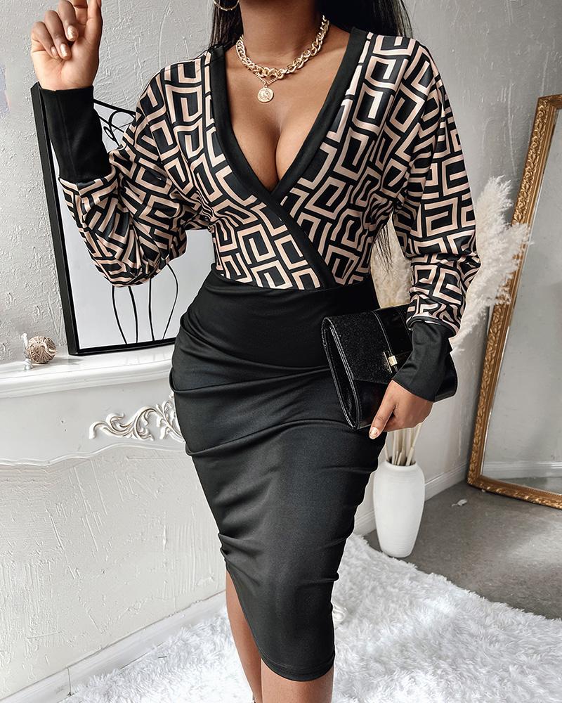 

Geo Print Batwing Sleeve Skinny Wrap Dress, Black