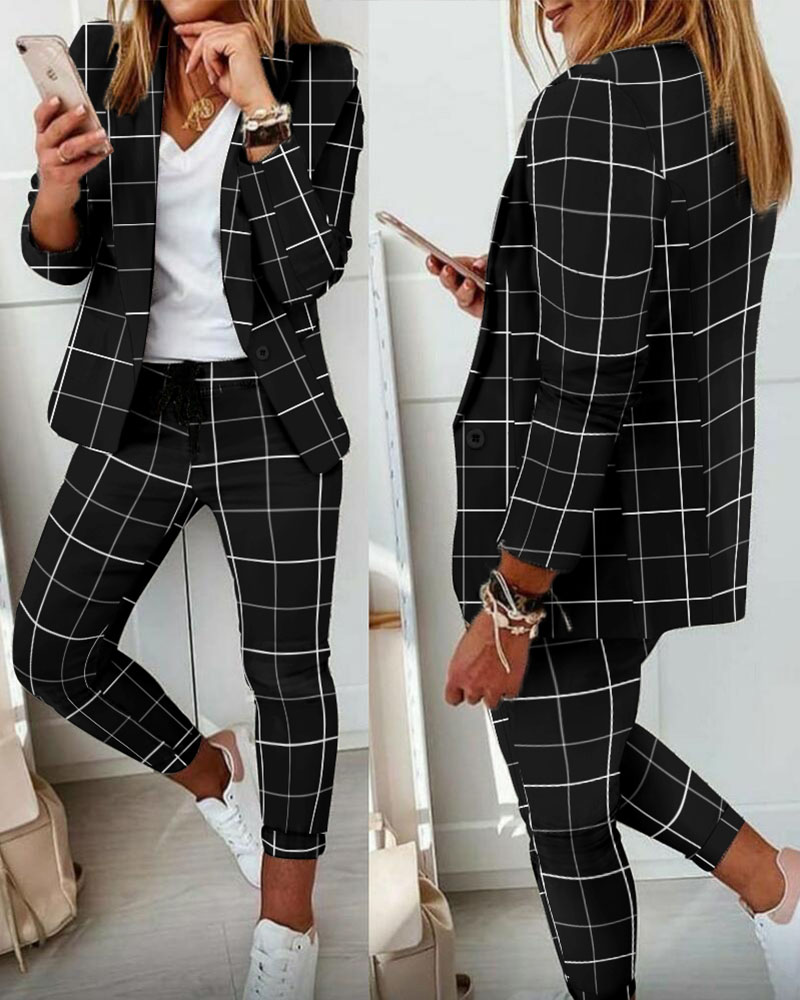 

Plaid Print Blazer & Drawstring Pants Set, Black