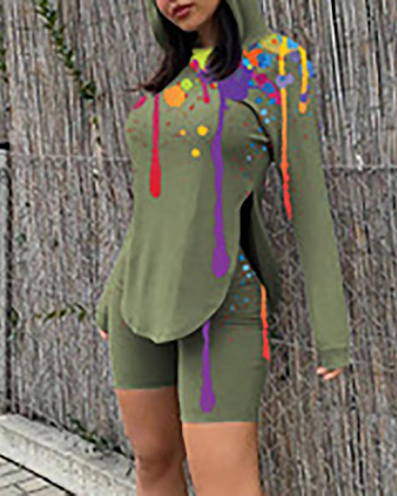 

Ink Splash Print Slit Hooded Top & Shorts Set, Green