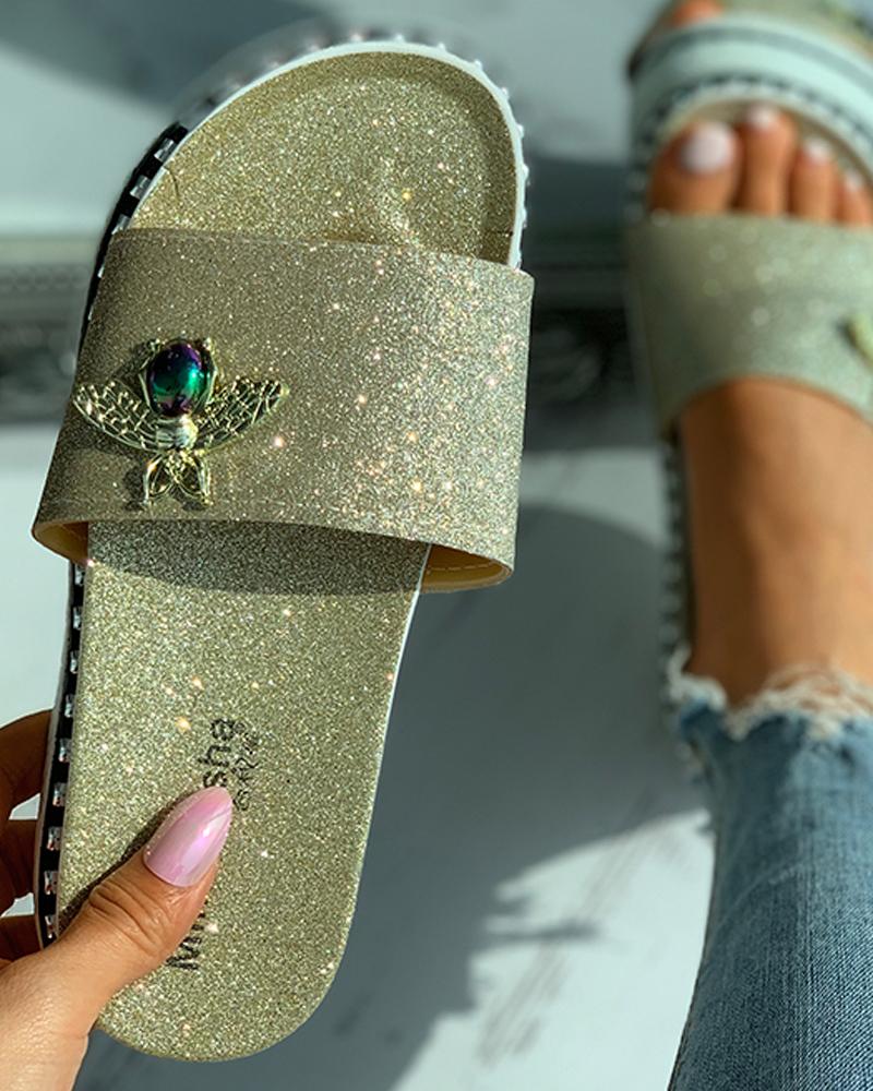 

Glitter Bee Pattern Decor Flat Sandals, Gold