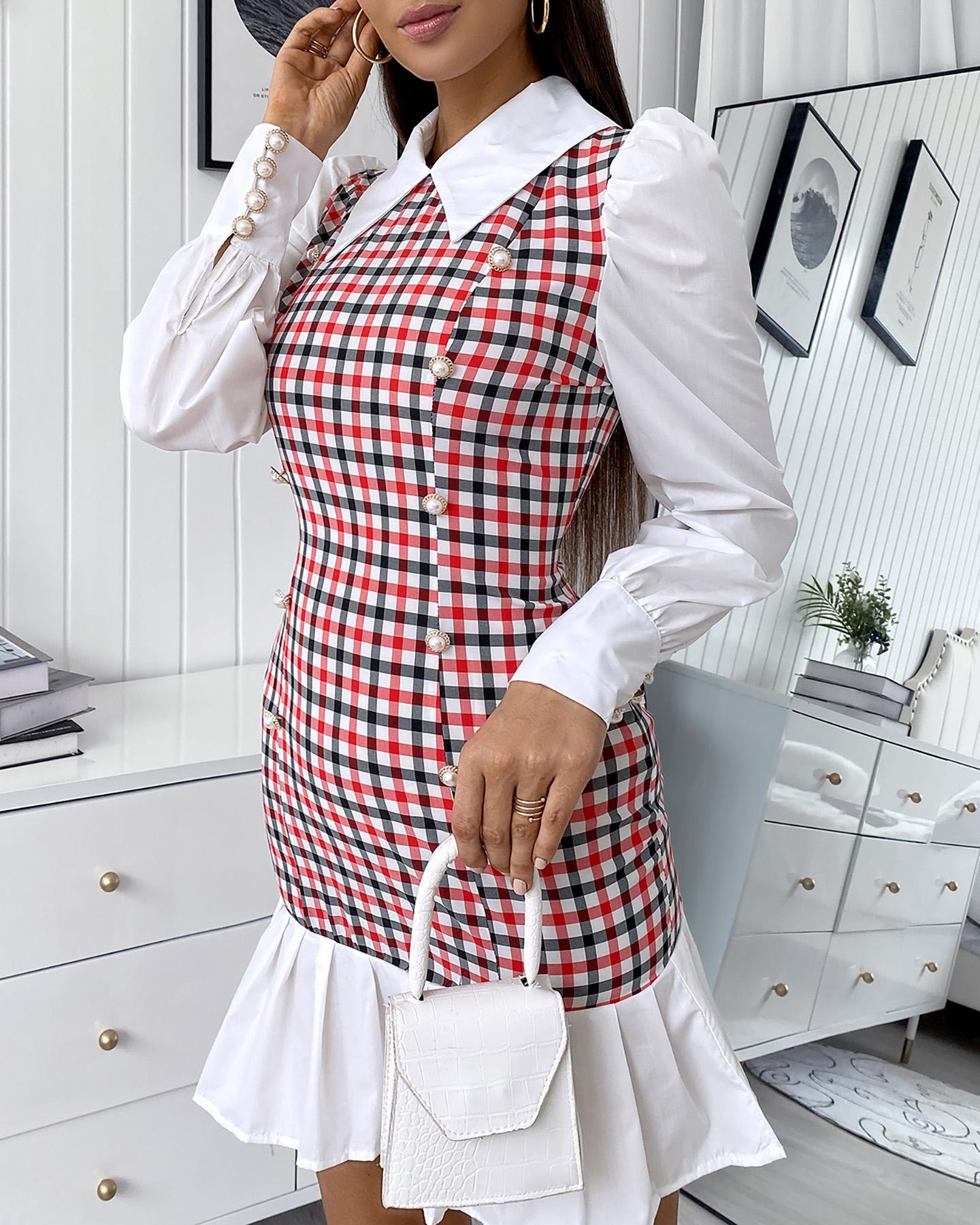 

Plaid Print Button Decor Puff Lantern Sleeve Dress, White