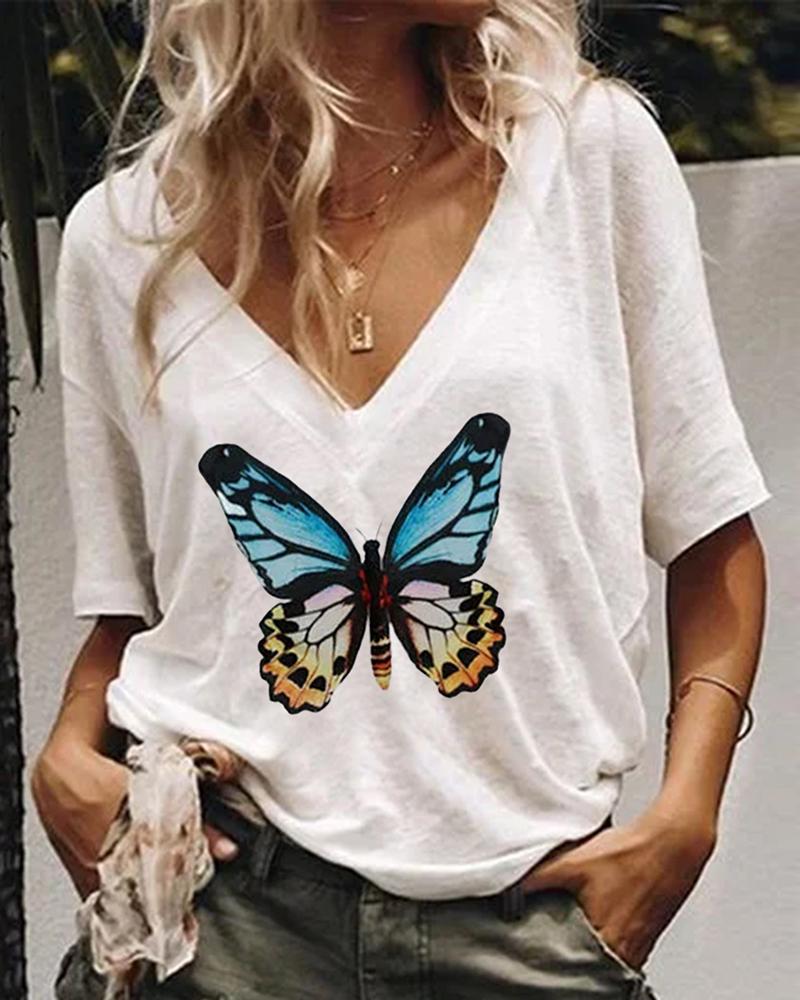 

Butterfly Print V Neck Casual T-Shirt, White