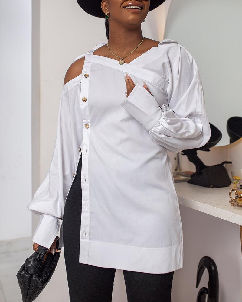 

Asymmetrical Neck Buttoned Split Top, White
