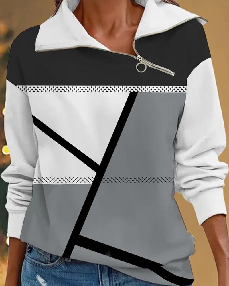 

Geometric Print Zip Detail Long Sleeve Sweatshirt, Gray