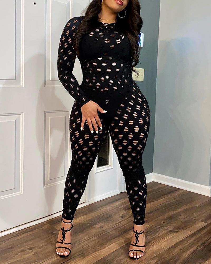 

Hollow Out Long Sleeve Skinny Jumpsuit, Black
