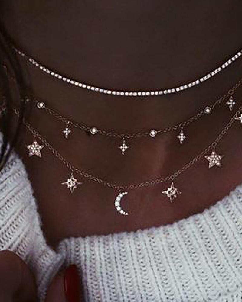 

Studded Star & Moon Pattern Pendant Necklace, Gold